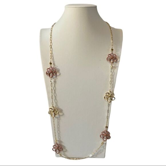 Carol Dauplaise Shiny Gold & Polymer Clay Flower Necklace on XL Gold Chain. - Picture 4 of 5